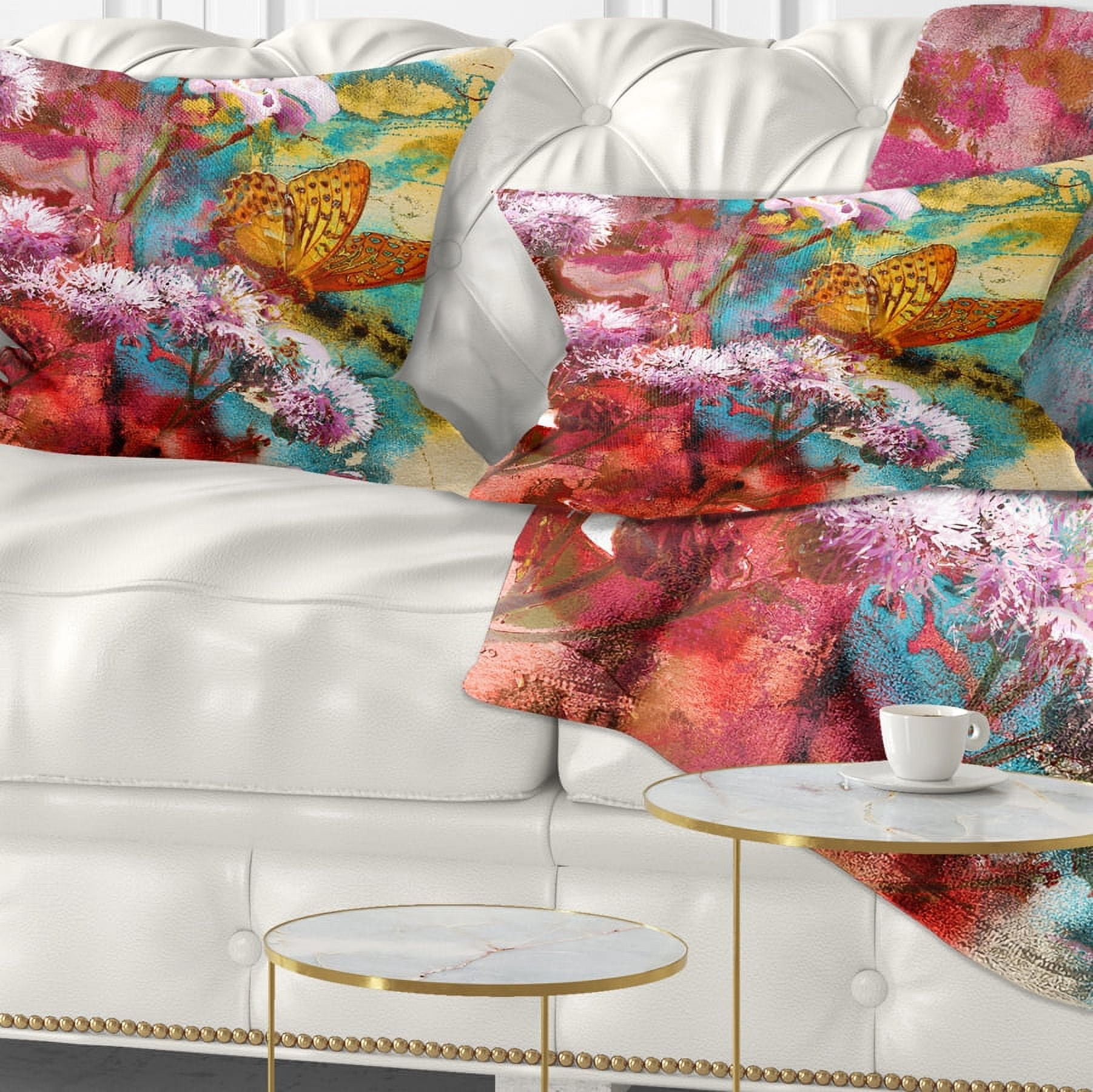Designart Butterfly and Abstract Design Watercolor - Floral Throw Pillow - 12x20