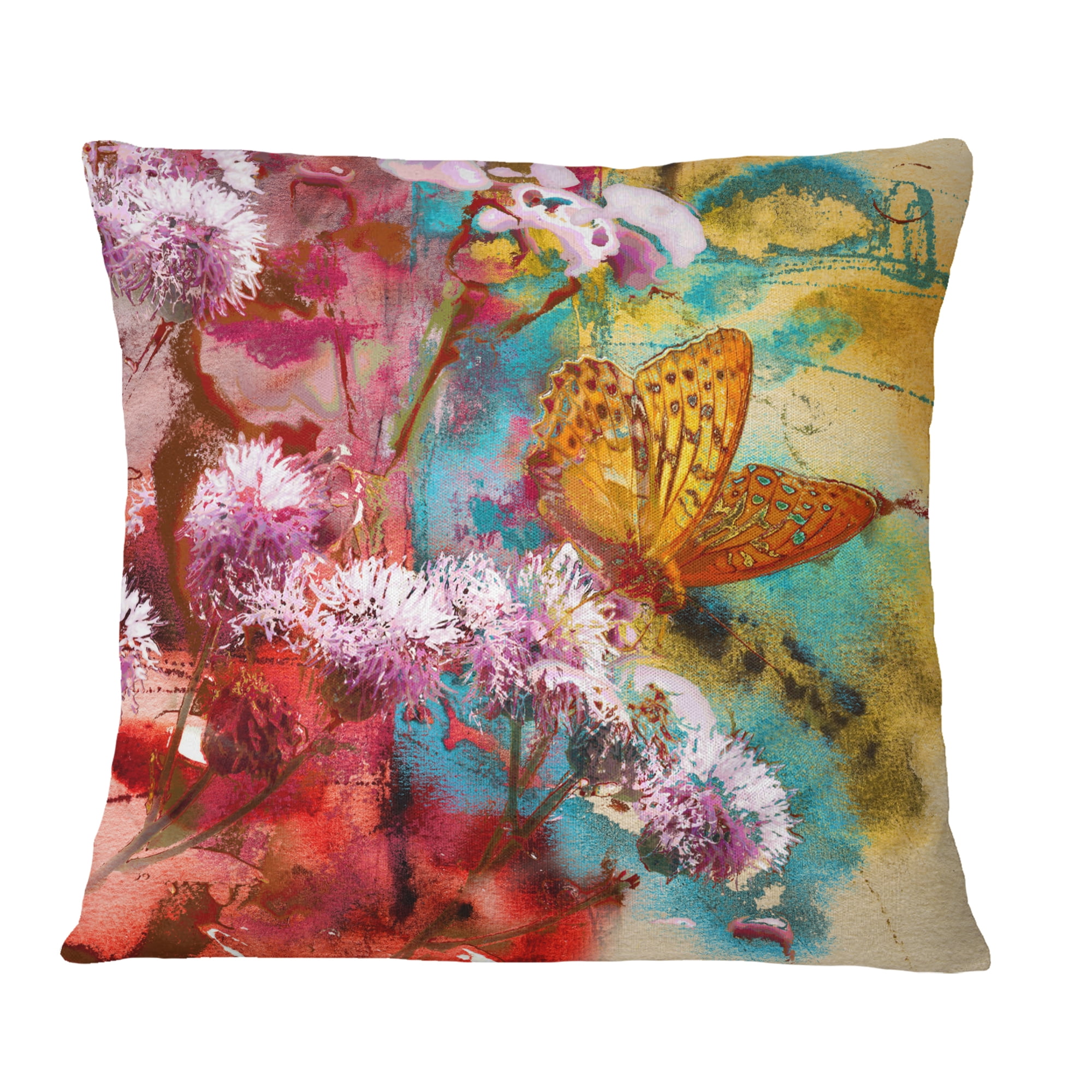 Designart Butterfly and Abstract Design Watercolor - Floral Throw Pillow - 16x16