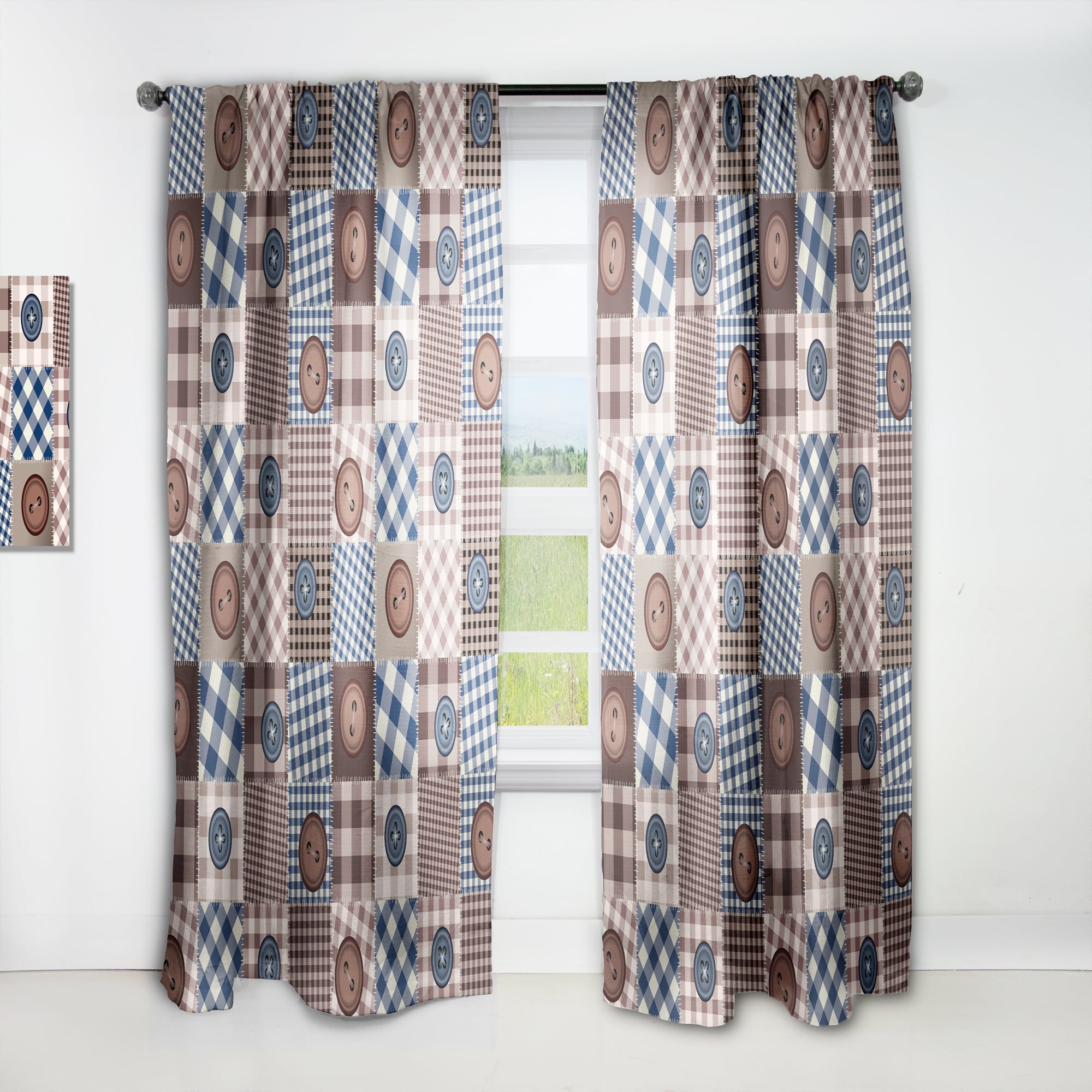 Designart 'Buttons Collage On Squared Patchwork' Traditional Curtain Panel