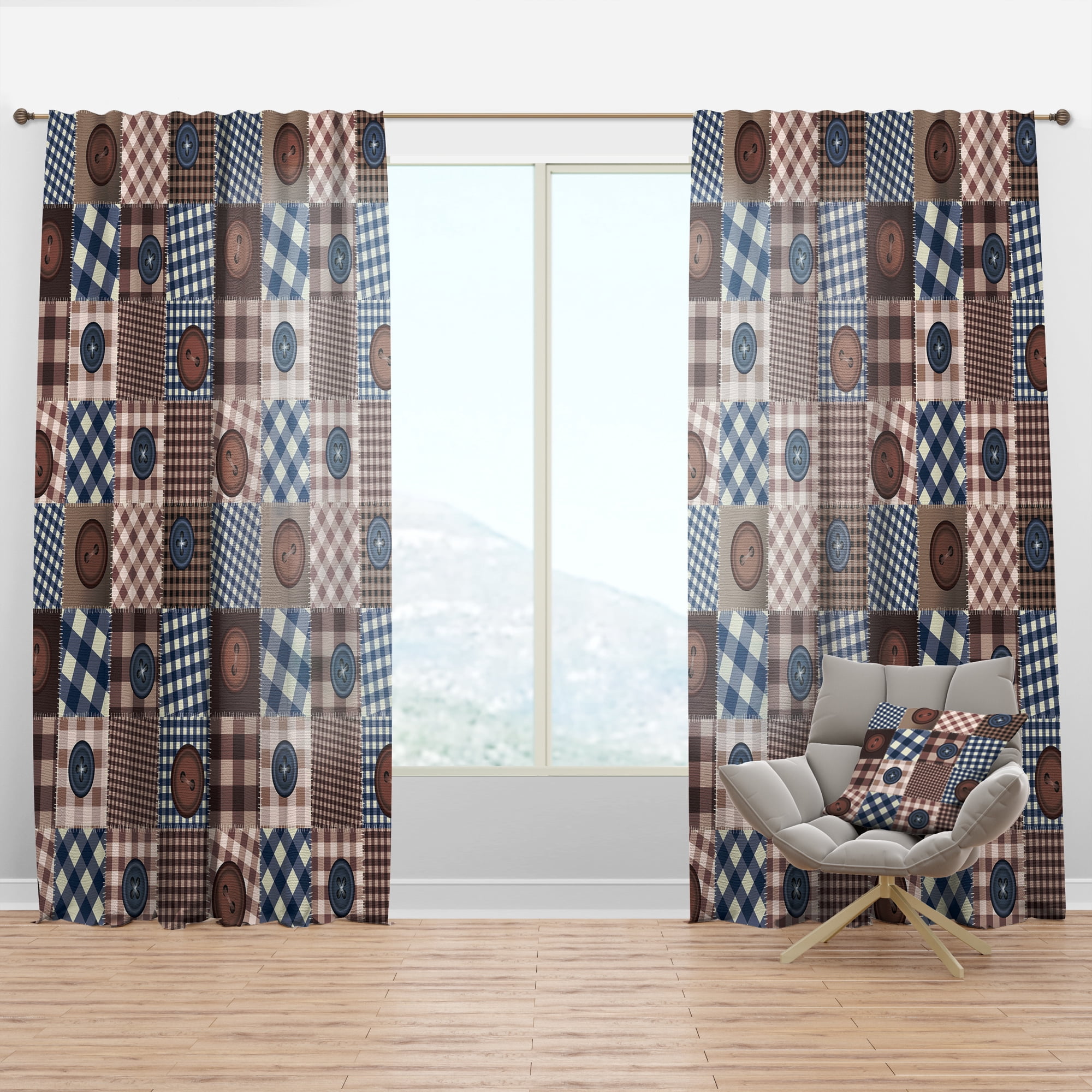 Designart 'Buttons Collage On Squared Patchwork' Traditional Curtain Panel