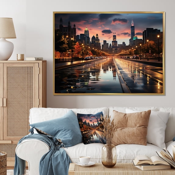 Designart "By Night Chicago Cityscape art painting II" Chicago Floater Framed Wall Art Living Room