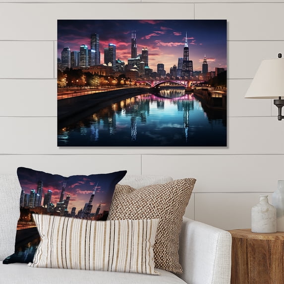 Designart "By Night Chicago Cityscape art painting IV" Chicago Metal Art Print