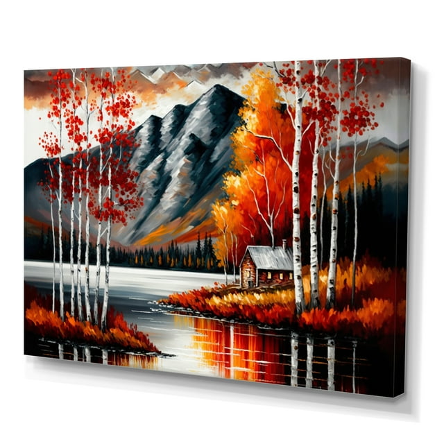 Designart Cabin By The Lake In Autumn I Canvas Wall Art
