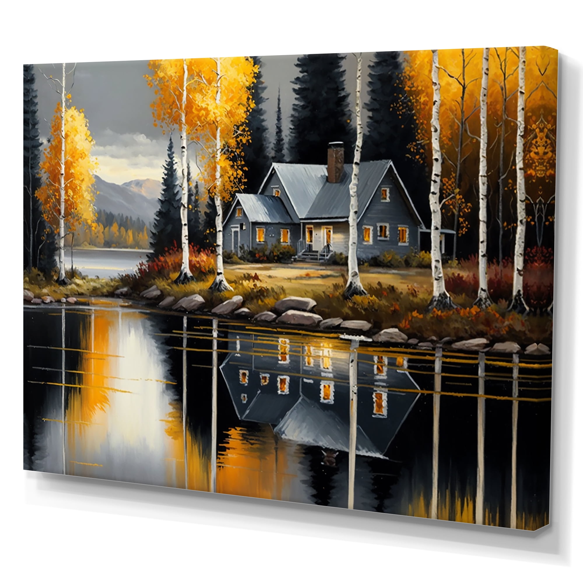 Vintage oil painting depicting log cabins and majestic snow covered  mountains landscape Stock Photo - Alamy, image size:2000x2000