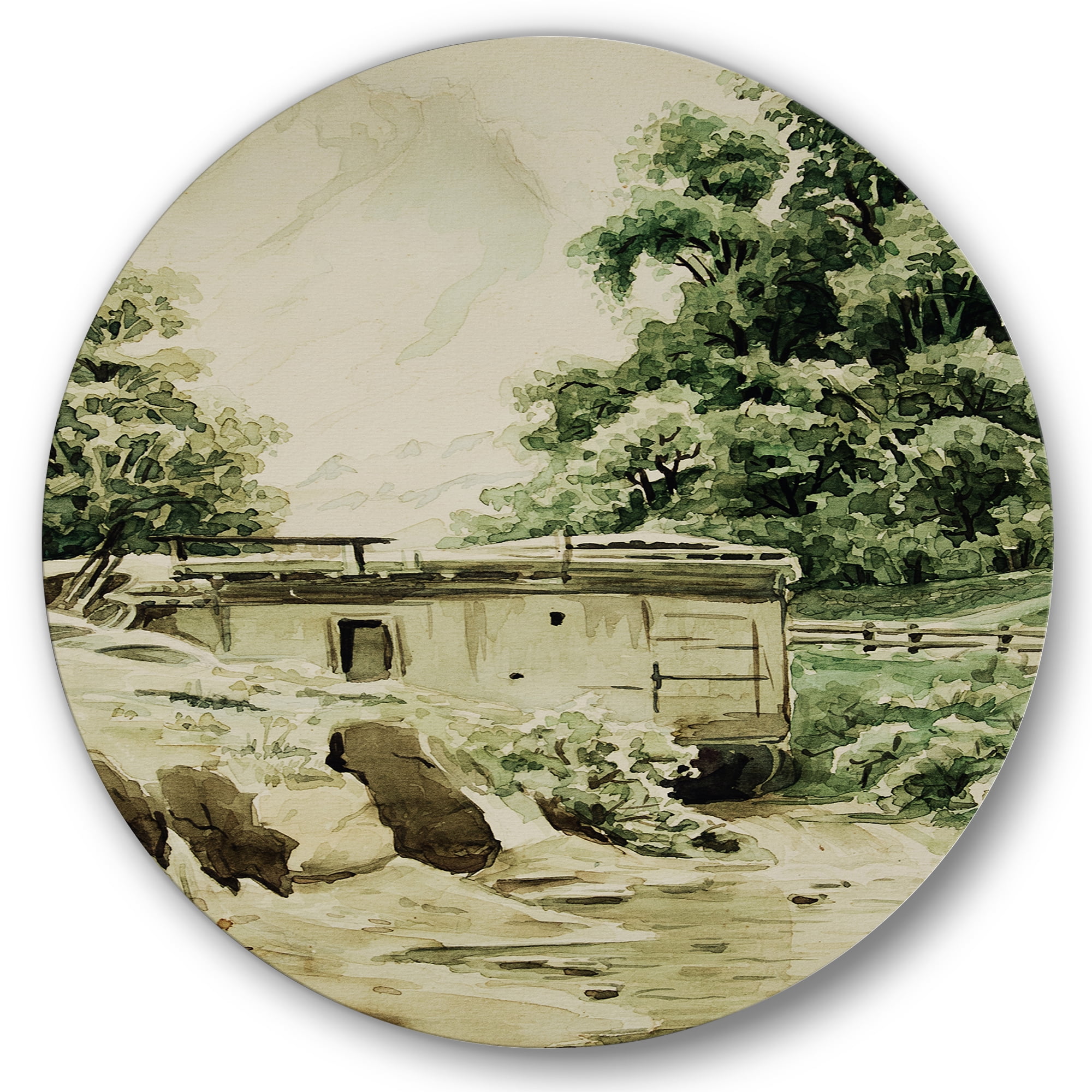 Designart 'Cabin In The Green Mountains' Cabin & Lodge Circle Metal Wall Art 29x29 - Disc of 29