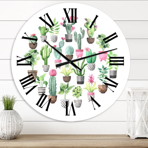Designart 'Cacti In Ceramic Pots In Gentle Tones Ii' Traditional Wall Clock