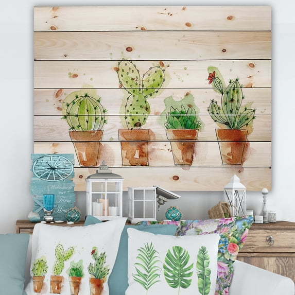 Designart 'Cacti In Gentle Tones In Ceramic Pots I' Botanical Print on Natural Pine Wood