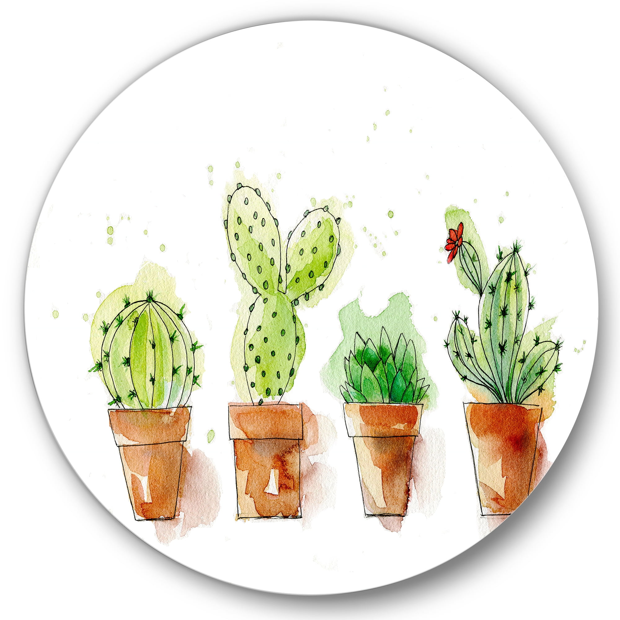 Designart 'Cacti In Gentle Tones In Ceramic Pots I' Traditional Circle Metal Wall Art 36x36 - Disc of 36