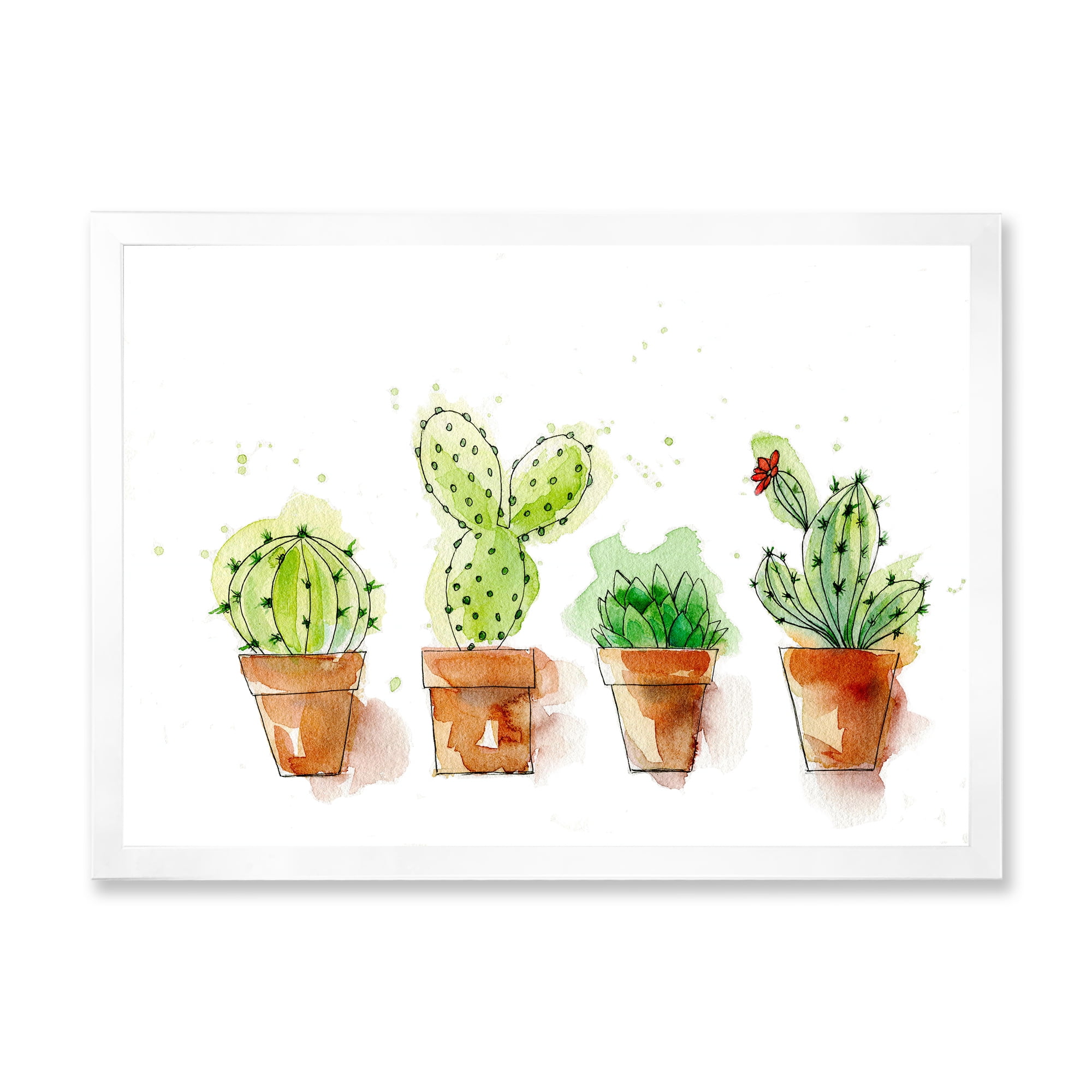 Designart 'Cacti In Gentle Tones In Ceramic Pots I' Traditional Framed Art Print