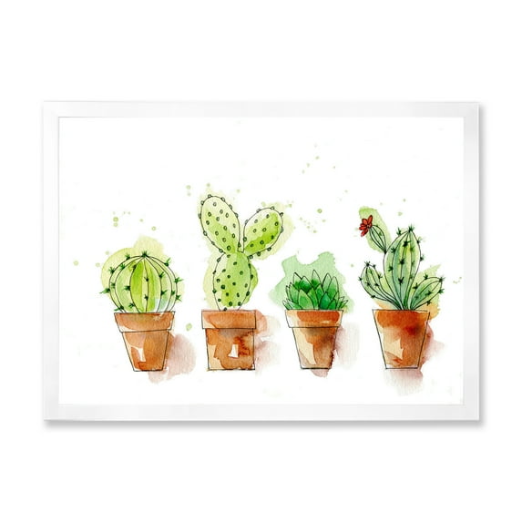 Designart 'Cacti In Gentle Tones In Ceramic Pots I' Traditional Framed Art Print