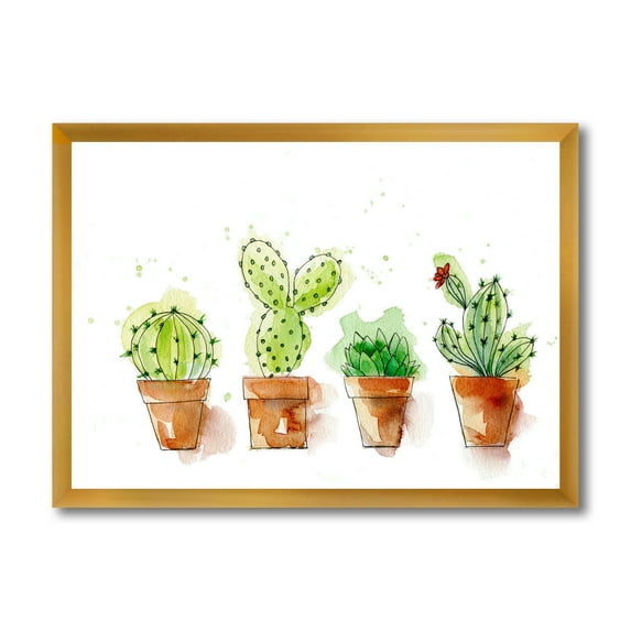 Designart 'Cacti In Gentle Tones In Ceramic Pots I' Traditional Framed Art Print