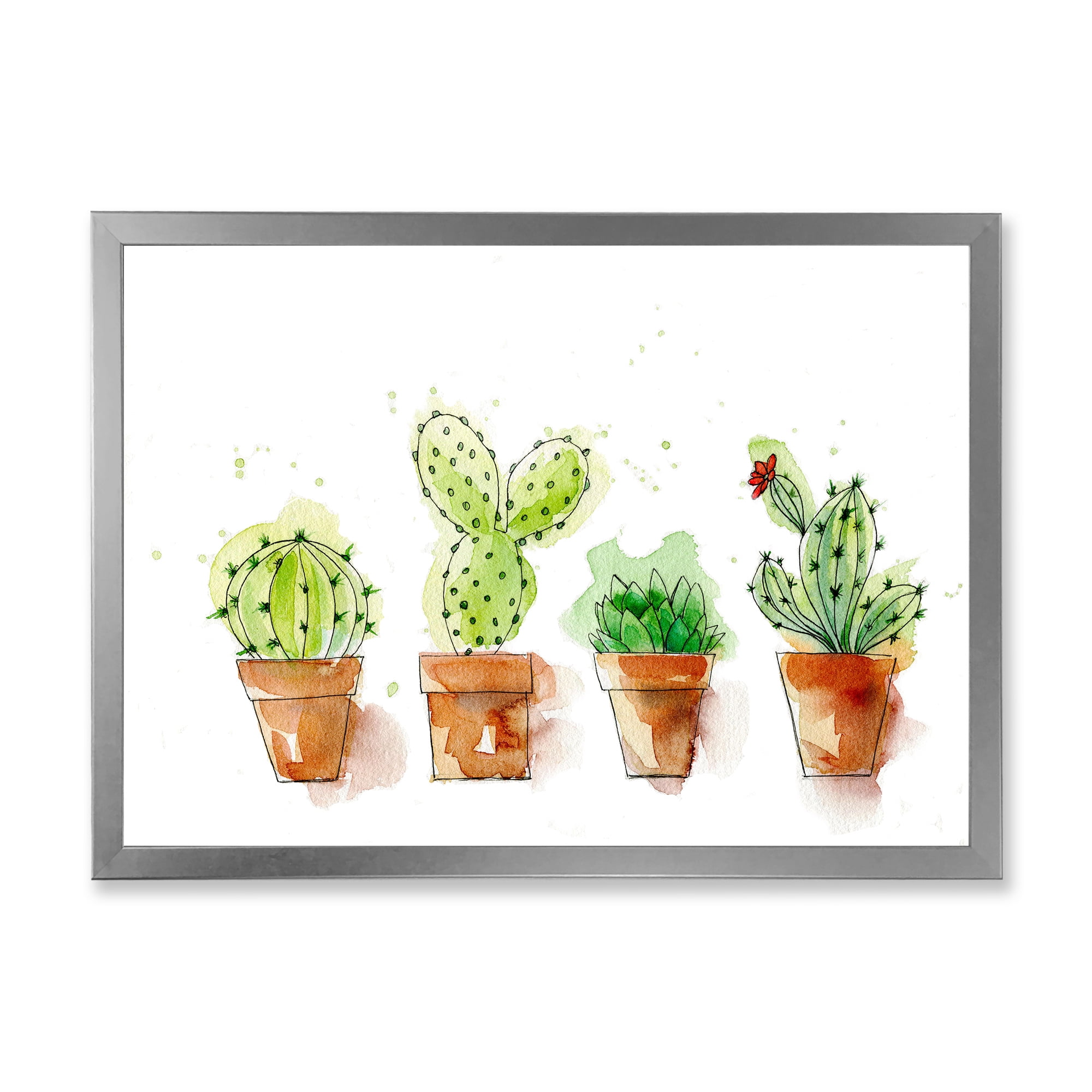Designart 'Cacti In Gentle Tones In Ceramic Pots I' Traditional Framed Art Print