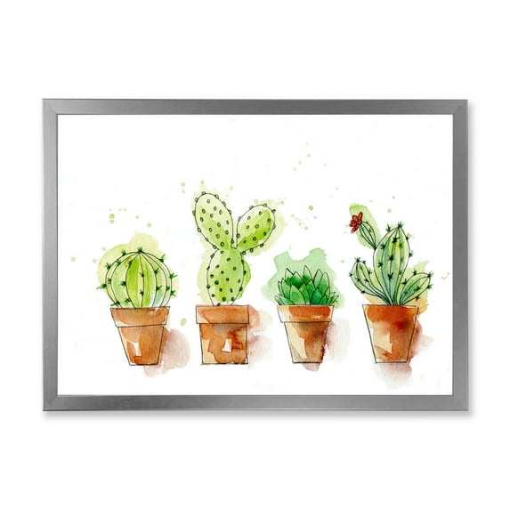 Designart 'Cacti In Gentle Tones In Ceramic Pots I' Traditional Framed Art Print