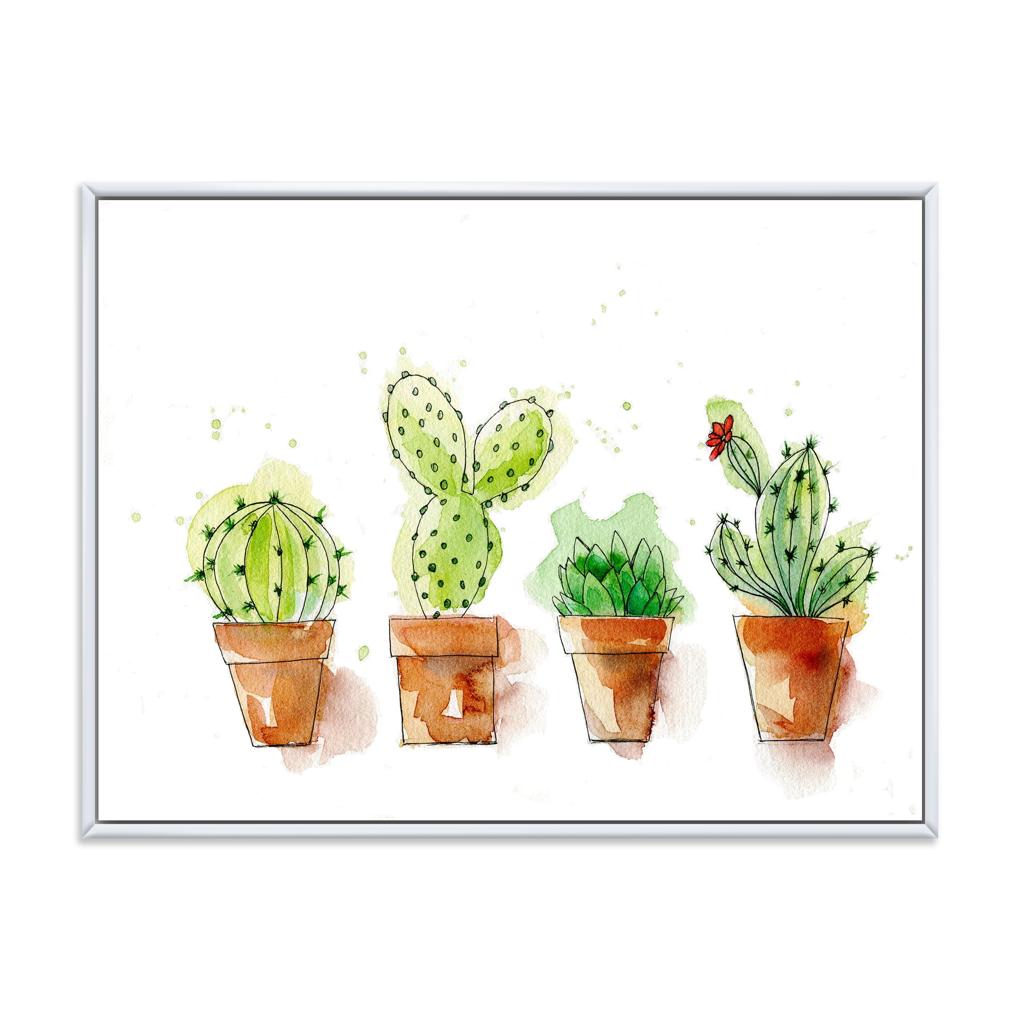 Designart 'Cacti In Gentle Tones In Ceramic Pots I' Traditional Framed Canvas Wall Art Print