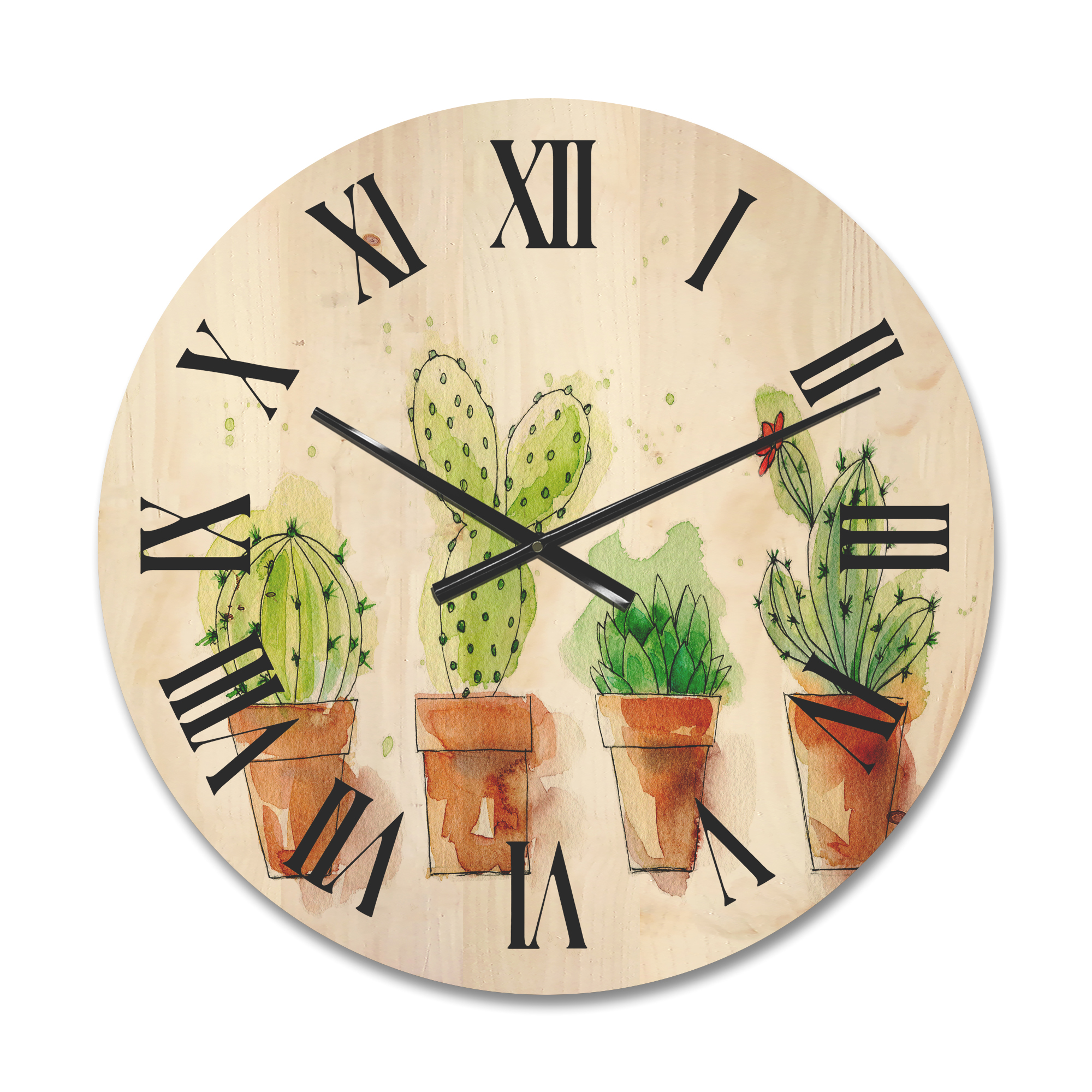 Designart 'Cacti In Gentle Tones In Ceramic Pots I' Traditional Wood Wall Clock