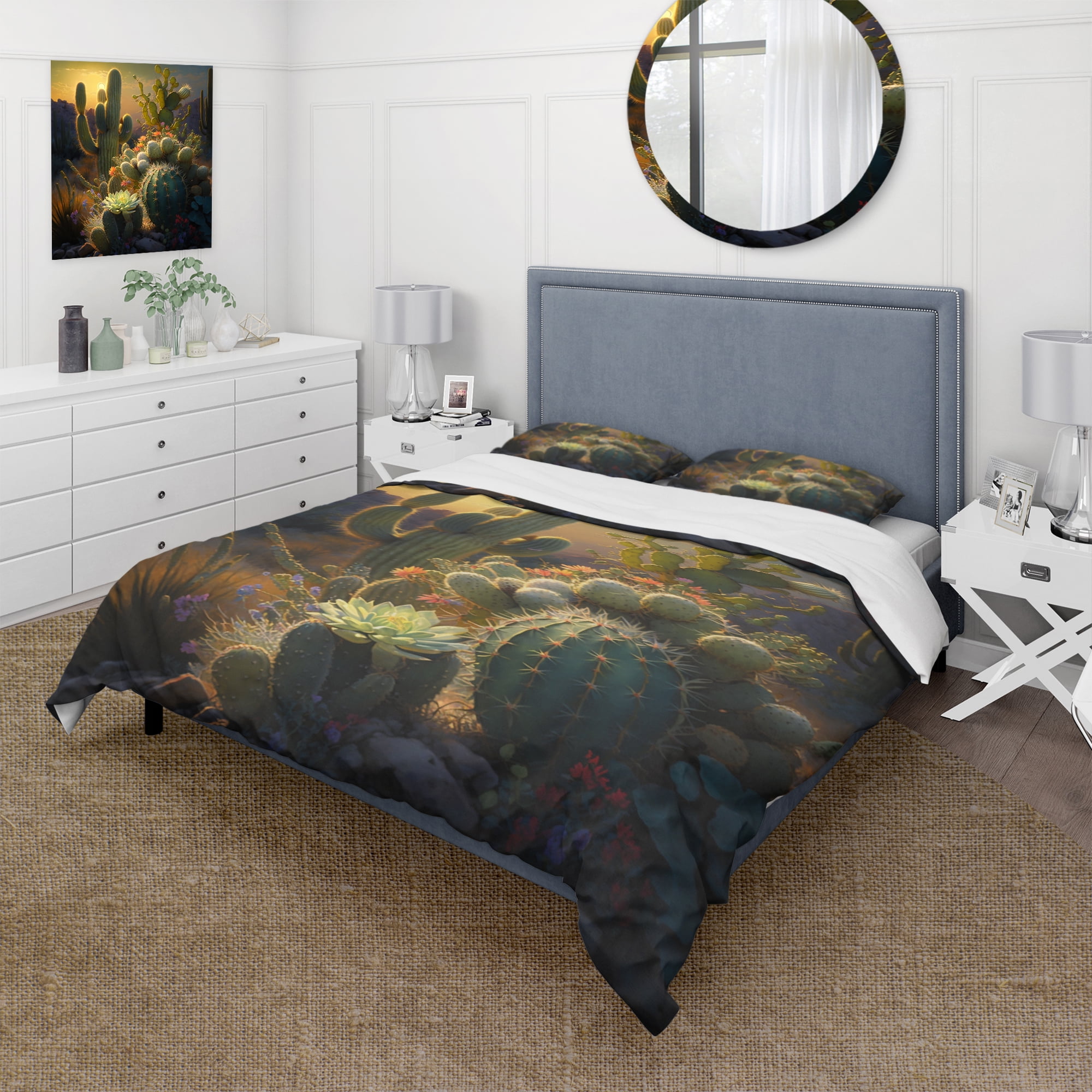 Cactus in Desert III Green Microfiber Polyester Queen Duvet Cover Set