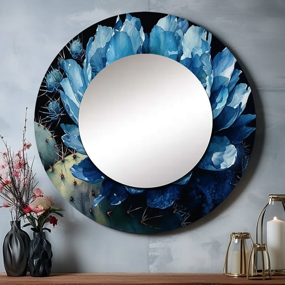 Designart "Cactus Beauty in Blue Green" Floral Cactus Rund Mirror For Wall Decor - Large Blue Round Printed Mirror -Traditional Round Living Room Mirror - 23" x 23"