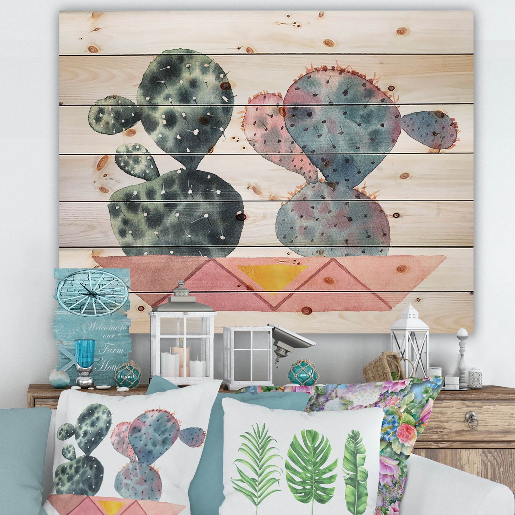 Designart 'Cactus Duo In Pink Pots Geometric' Botanical Print on Natural Pine Wood