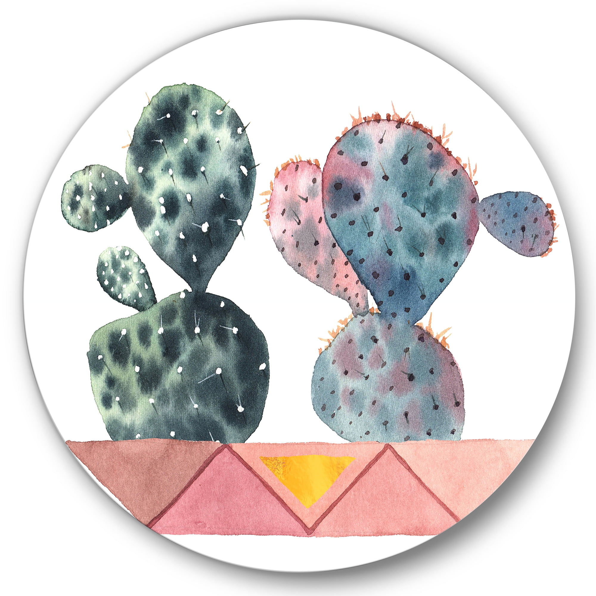 Designart 'Cactus Duo In Pink Pots Geometric' Modern Circle Metal Wall Art 11x11 - Disc of 11