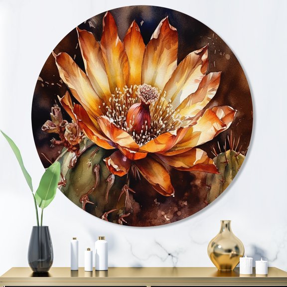 Designart "Cactus Flower Orange Green II" Floral Cactus Metal Round Art Living Room