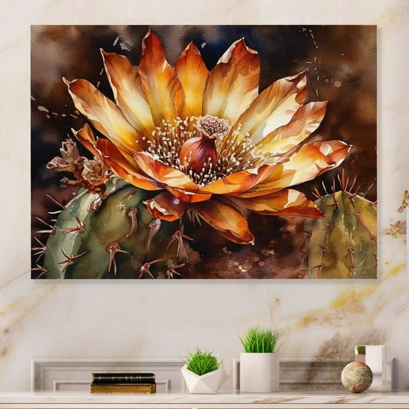 Designart "Cactus Flower Orange Green II" Floral Cactus Metal Wall Decor
