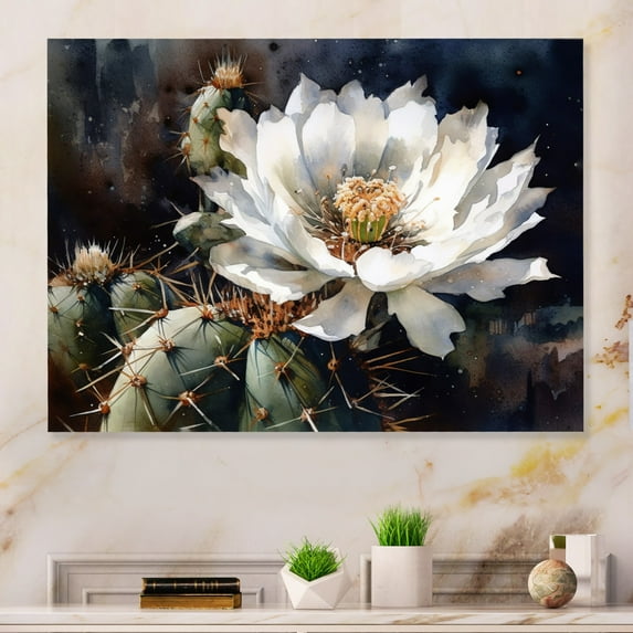 Designart "Cactus Flower White Green IV" Floral Cactus Metal Wall Art