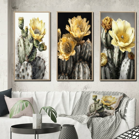 Designart "Cactus Flower Yellow Green IV" Floral Cactus Framed Wall Art Set Of 3 - Yellow Cactus Frame Gallery Set For Office Decor