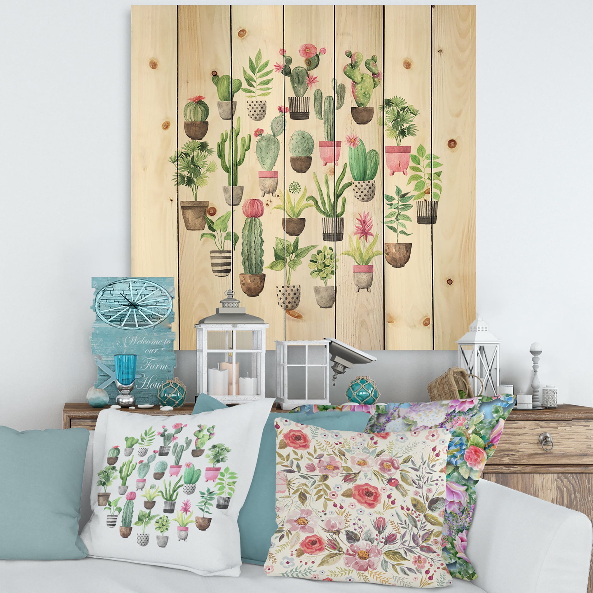 Designart 'Cactus In Ceramic Pots In Gentle Tones II' Botanical Print on Natural Pine Wood