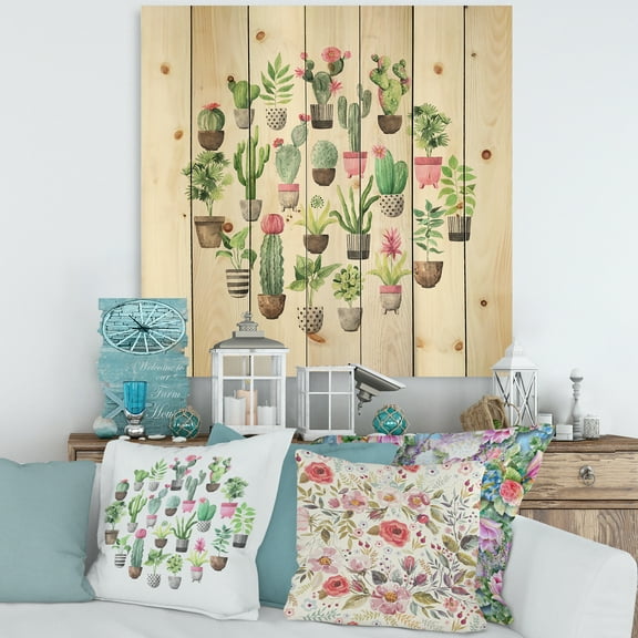 Designart 'Cactus In Ceramic Pots In Gentle Tones II' Botanical Print on Natural Pine Wood