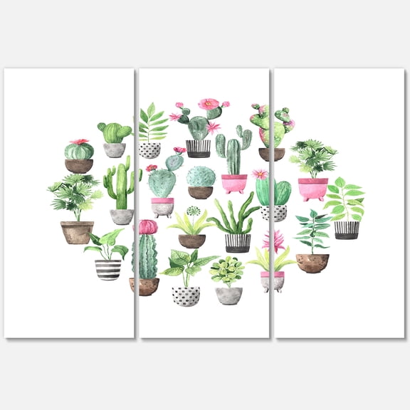 Designart ' Cactus In Ceramic Pots In Gentle Tones II ' Traditional Canvas Wall Art Print