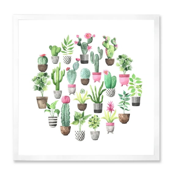 Designart 'Cactus In Ceramic Pots In Gentle Tones II' Traditional Framed Art Print