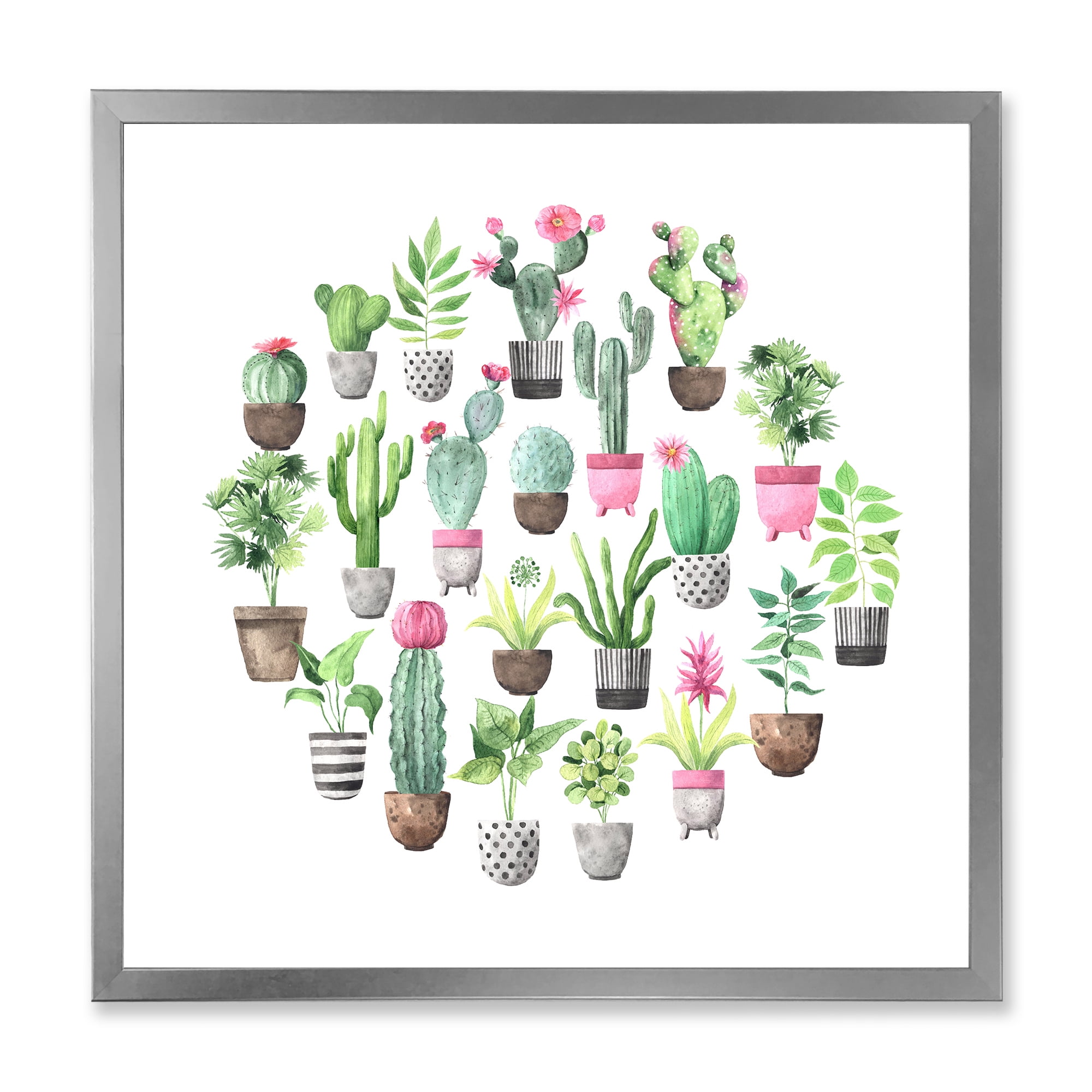 Designart 'Cactus In Ceramic Pots In Gentle Tones II' Traditional Framed Art Print