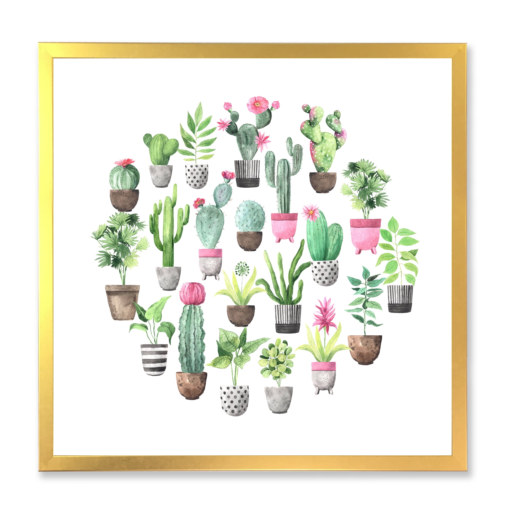 Designart 'Cactus In Ceramic Pots In Gentle Tones II' Traditional Framed Art Print