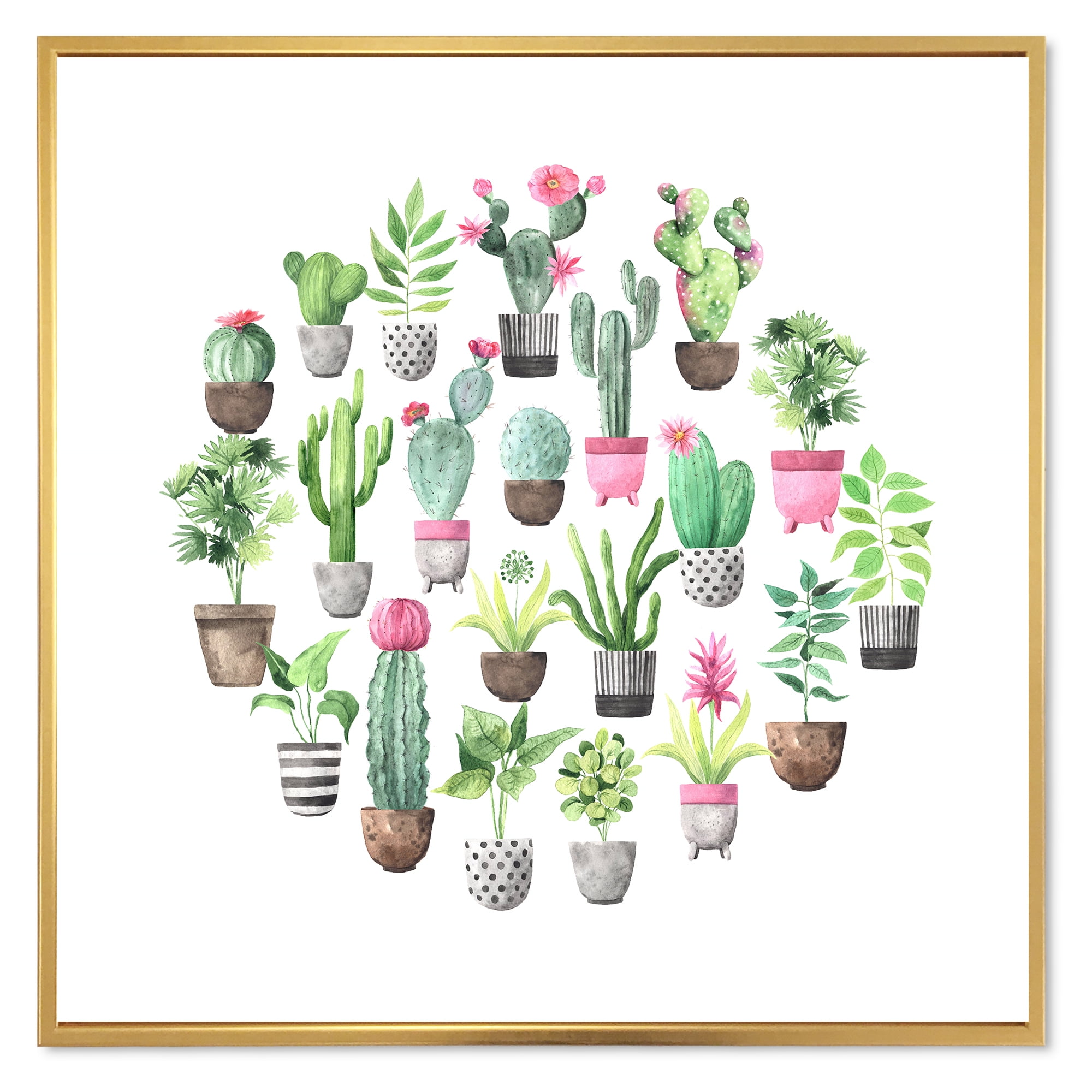 Designart 'Cactus In Ceramic Pots In Gentle Tones II' Traditional Framed Canvas Wall Art Print