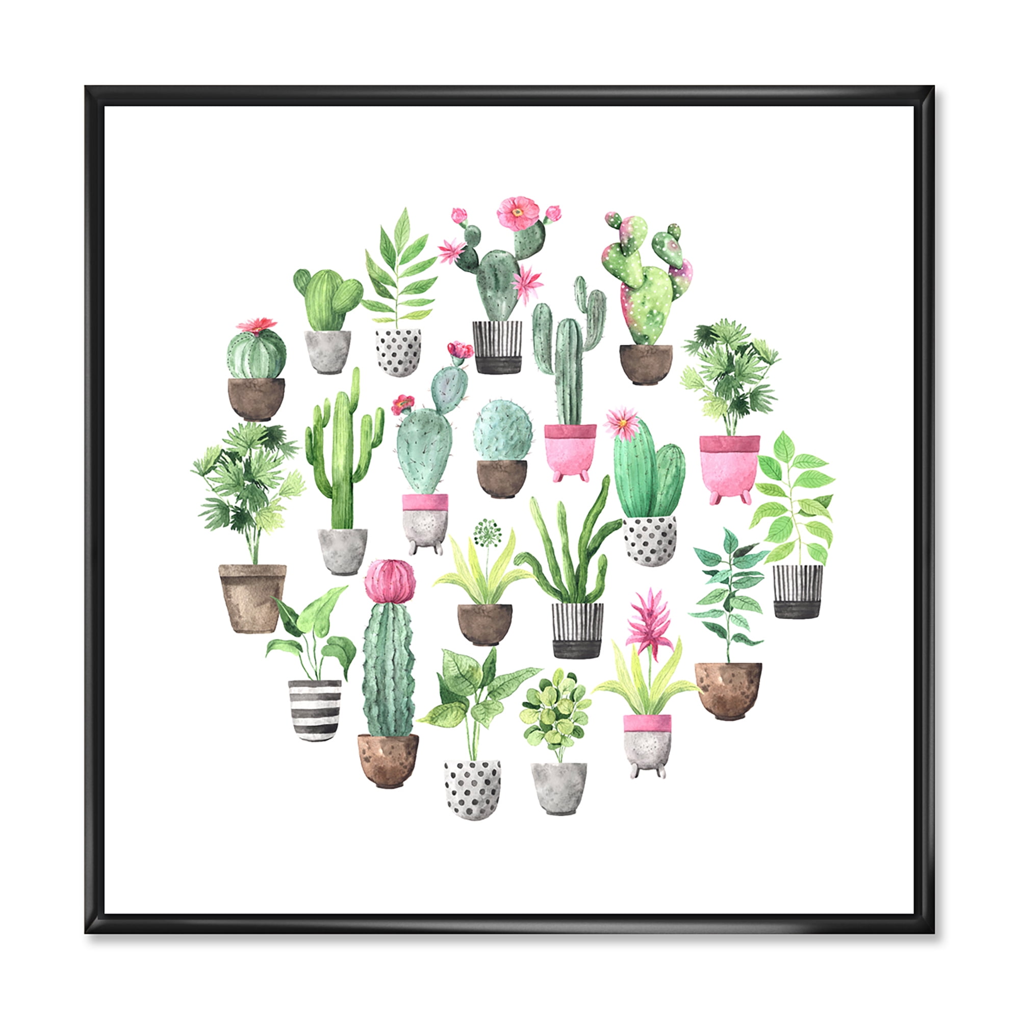 Designart 'Cactus In Ceramic Pots In Gentle Tones II' Traditional Framed Canvas Wall Art Print
