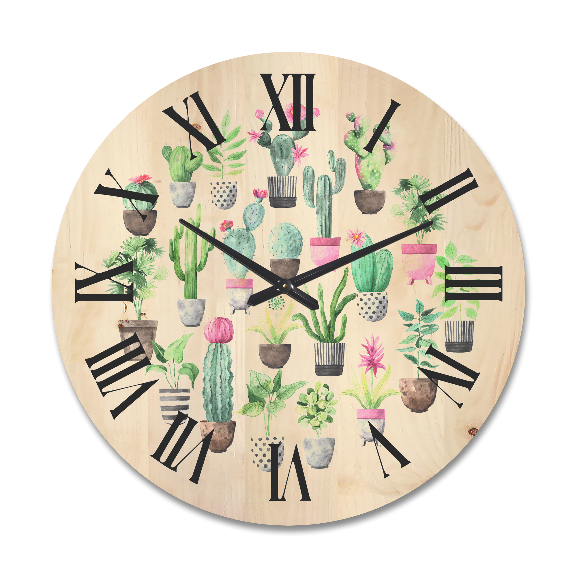 Designart 'Cactus In Ceramic Pots In Gentle Tones II' Traditional Wood Wall Clock