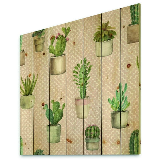 Designart 'Cactus In Pots on Pink Geometrical Pattern' Cottage Print on Natural Pine Wood