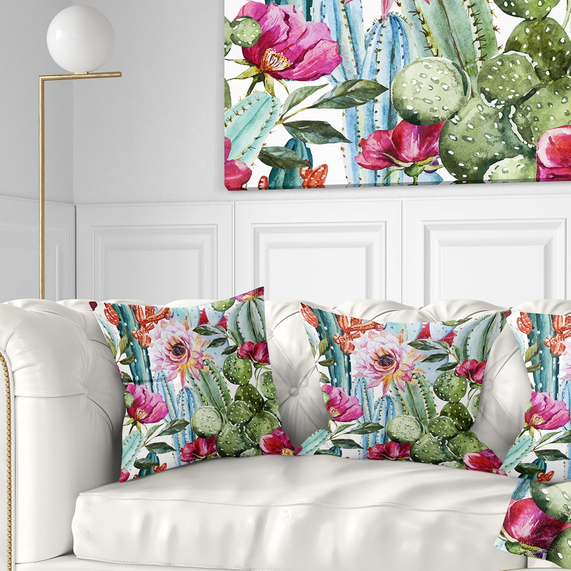 Designart Cactus Pattern Watercolor - Floral Throw Pillow - 18x18