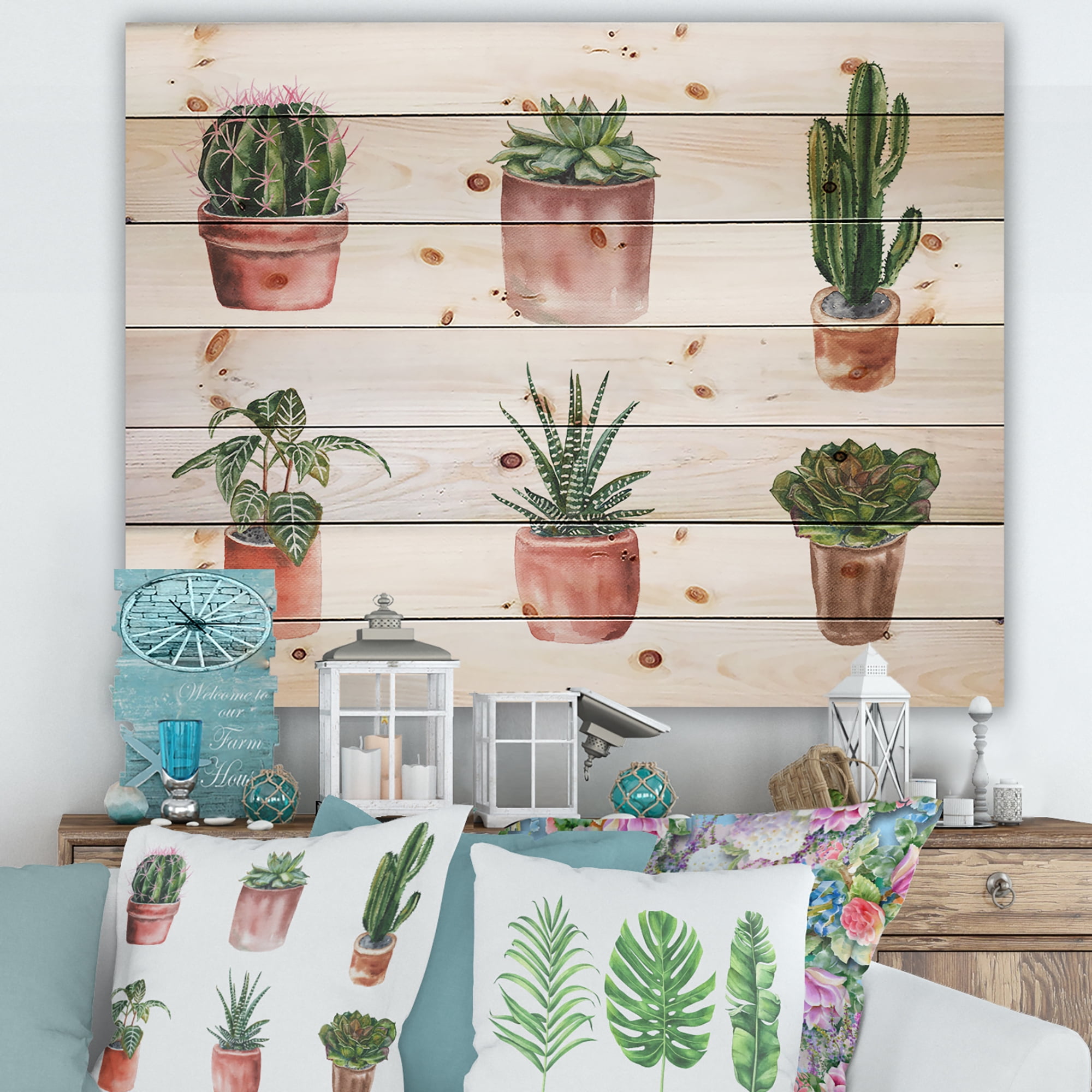 Designart 'Cactus and Succulents In A Clay Pot ' Botanical Print on Natural Pine Wood