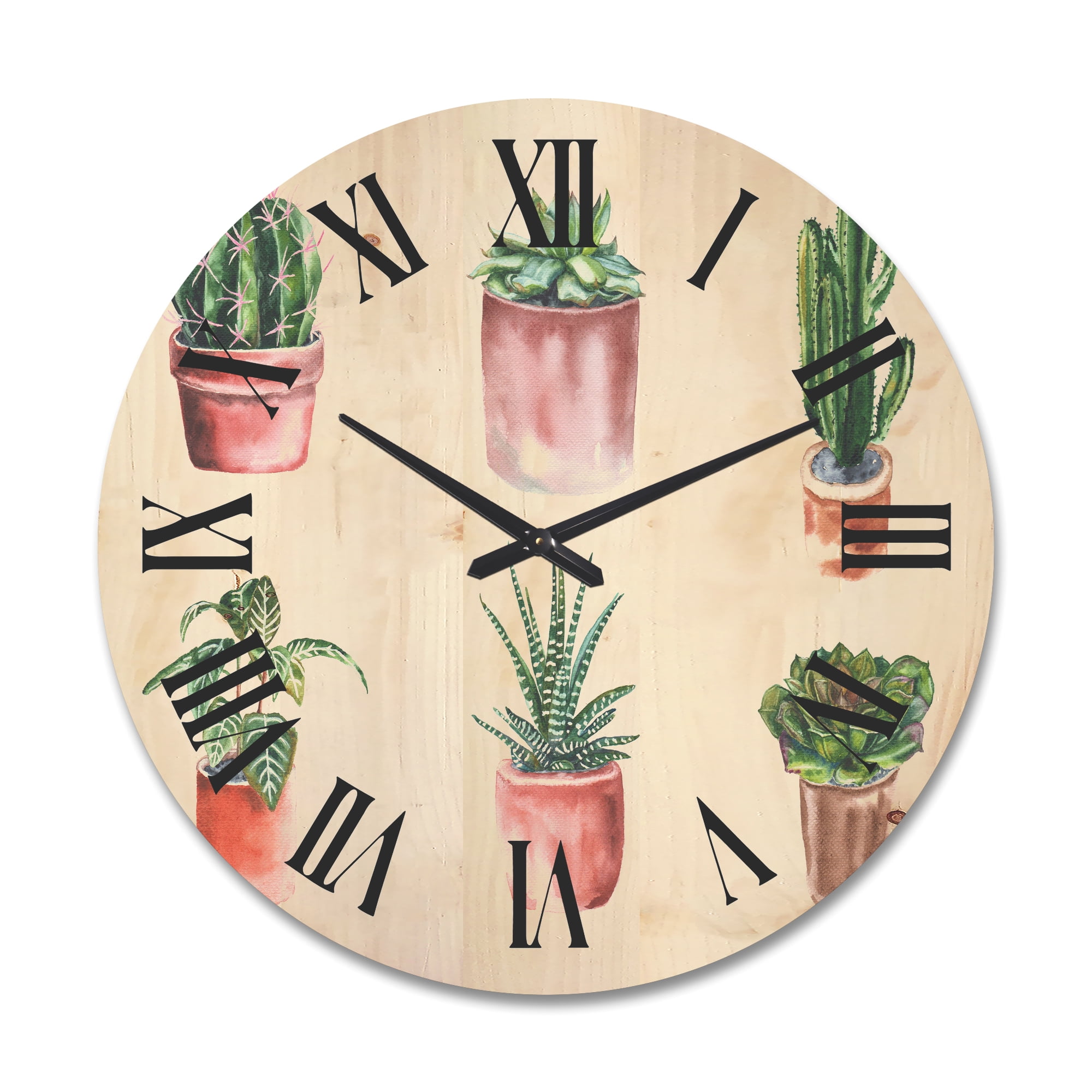 Designart 'Cactus and Succulents In A Clay Pot ' Traditional Wood Wall Clock