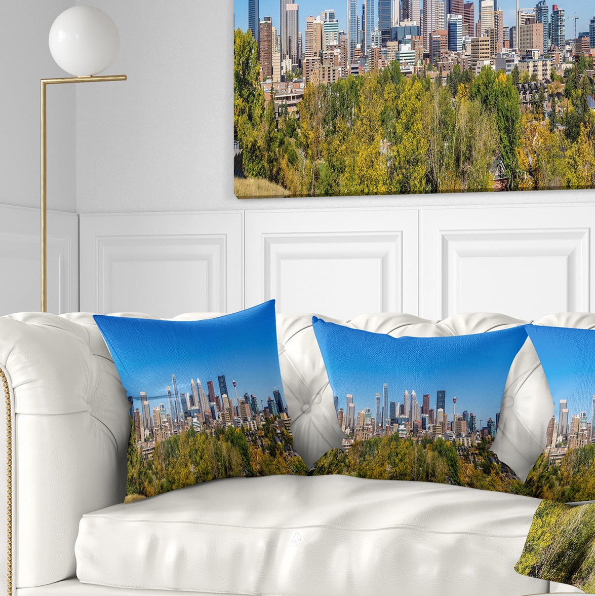 Designart Calgary Skyline with Blue Sky - Cityscape Throw Pillow - 18x18