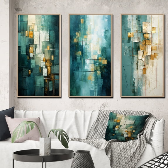 Designart "California Dreaming Retro Abstract in Gold and Teal I" Abstract Painting Framed Wall Art Set Of 3 - Gold Modern Frame Gallery Wall Set For Home Decor
