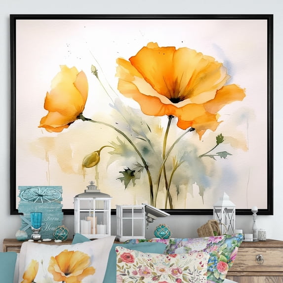 Designart "Californian Yellow Poppy Aquarelle" California Floater Framed Wall Decor