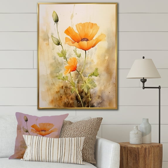 Designart "Californian Yellow Poppy Aquarelle I" Flower Floater Framed Canvas Prints