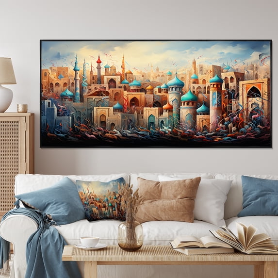 Designart "Call to Prayer Islamic Cityscape" Extra Large Spiritual Framed Wall Art - Global Blue Islam Hallway Framed Wall Art Decor