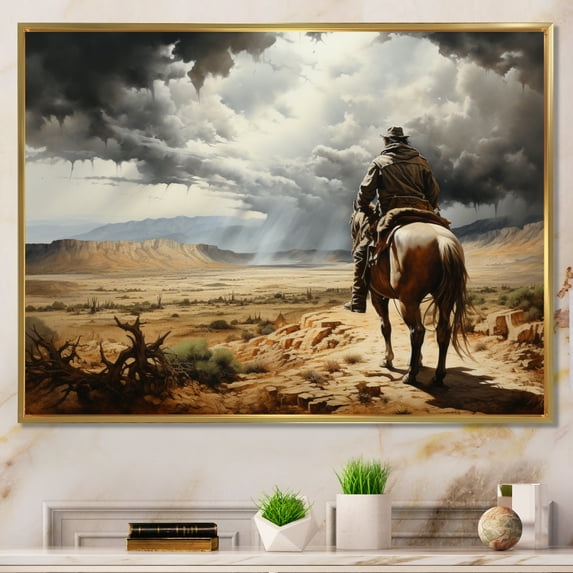 Designart "Calm Before The Storm Cowboy" Cowboys Floater Framed Canvas Wall Art