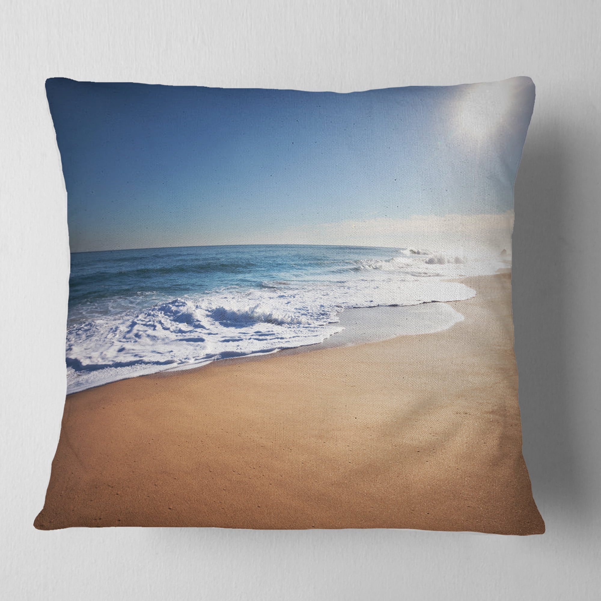 Designart Calm Blue Seashore with White Sun - Seashore Throw Pillow - 18x18