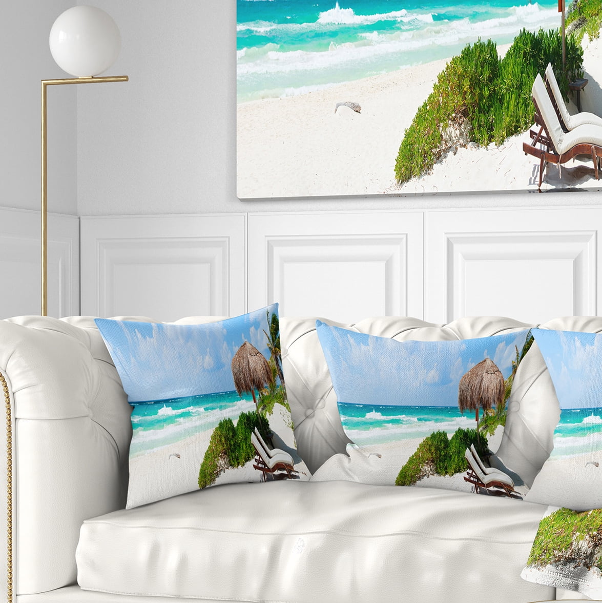 Designart Calm Caribbean Beach Panorama - Photography Landscape Printed Throw Pillow - 18x18