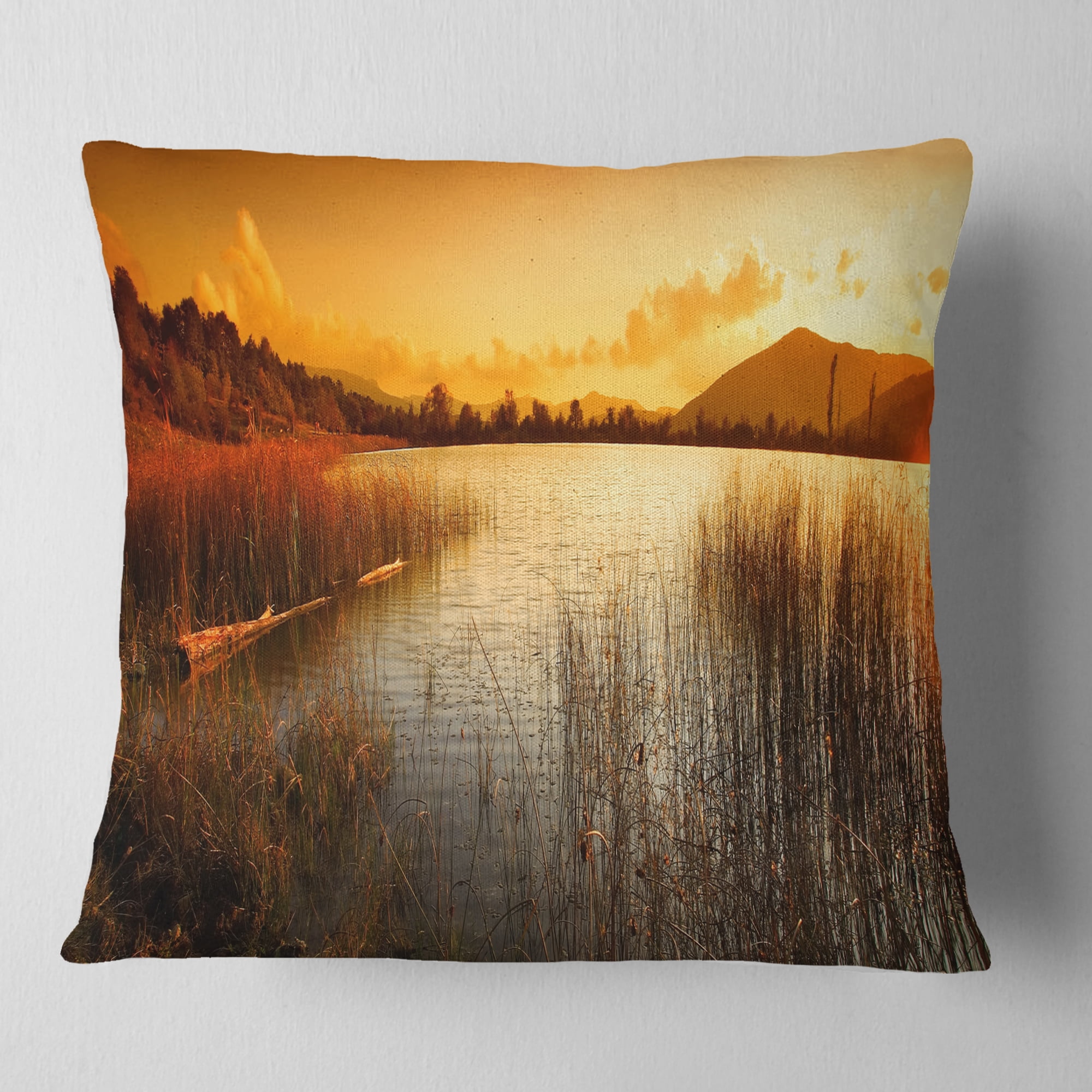 Designart Calm Evening with Lake and Mountains - Landscape Printed Throw Pillow - 16x16