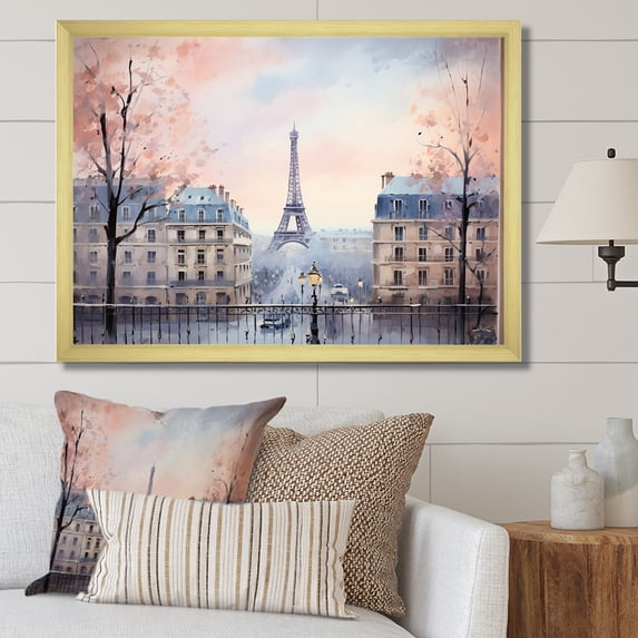 Designart "Calm Paris City View in Vintage Style" Cityscapes Framed Wall Art Decor - Industrial Blue Paris Bedroom Framed Canvas Wall Art
